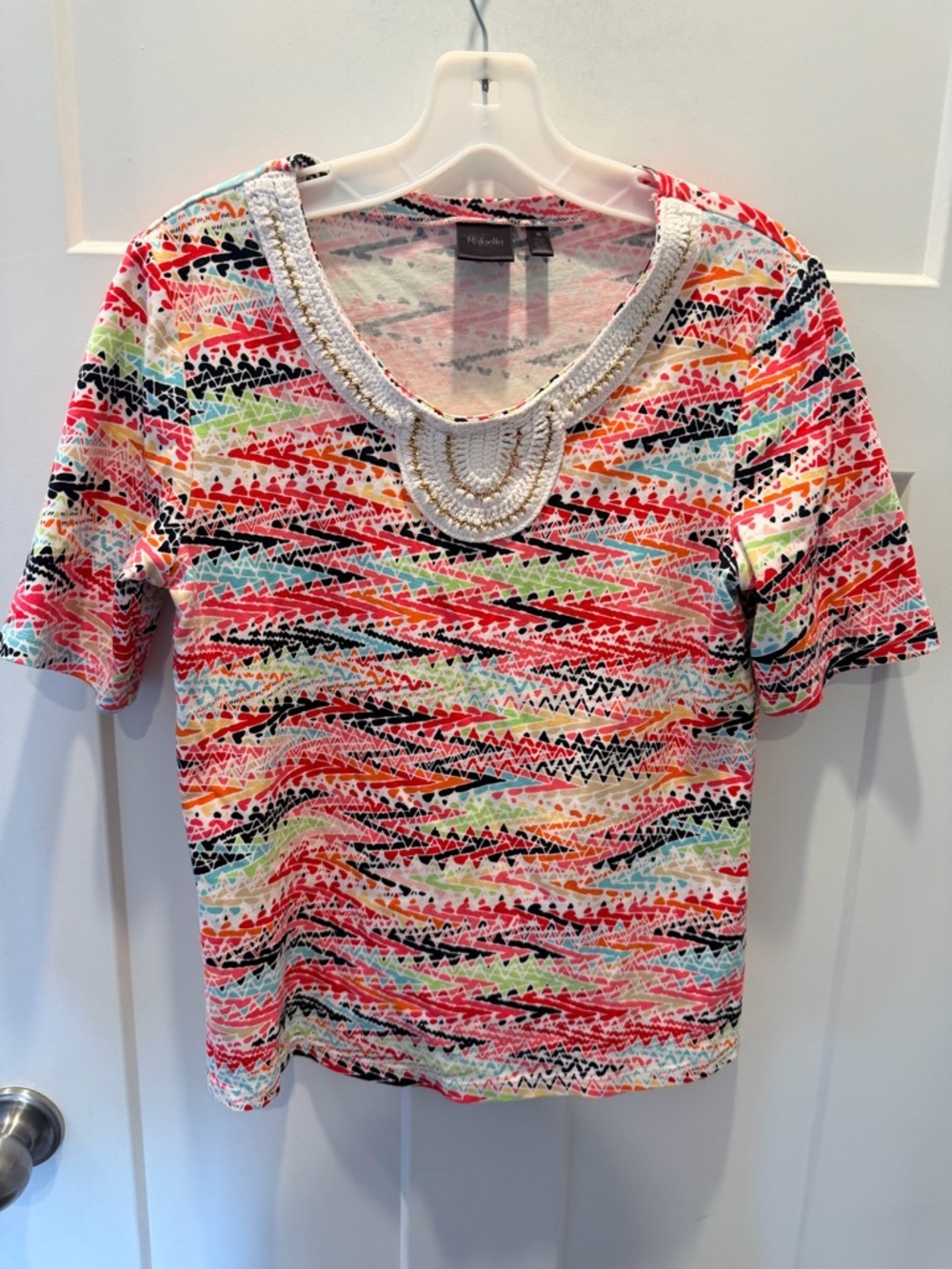 Rafaella Multicolor Print Top Medium Embellished Neckline Cotton Casual Blouse